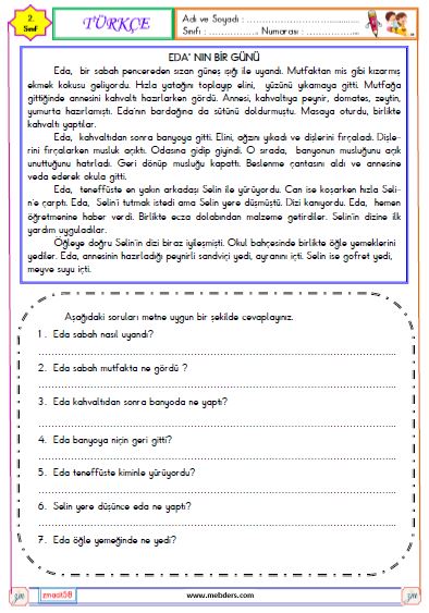 2. Sınıf Türkçe Okuma ve Anlama Metni Etkinliği ( Eda'nın Bir Günü )